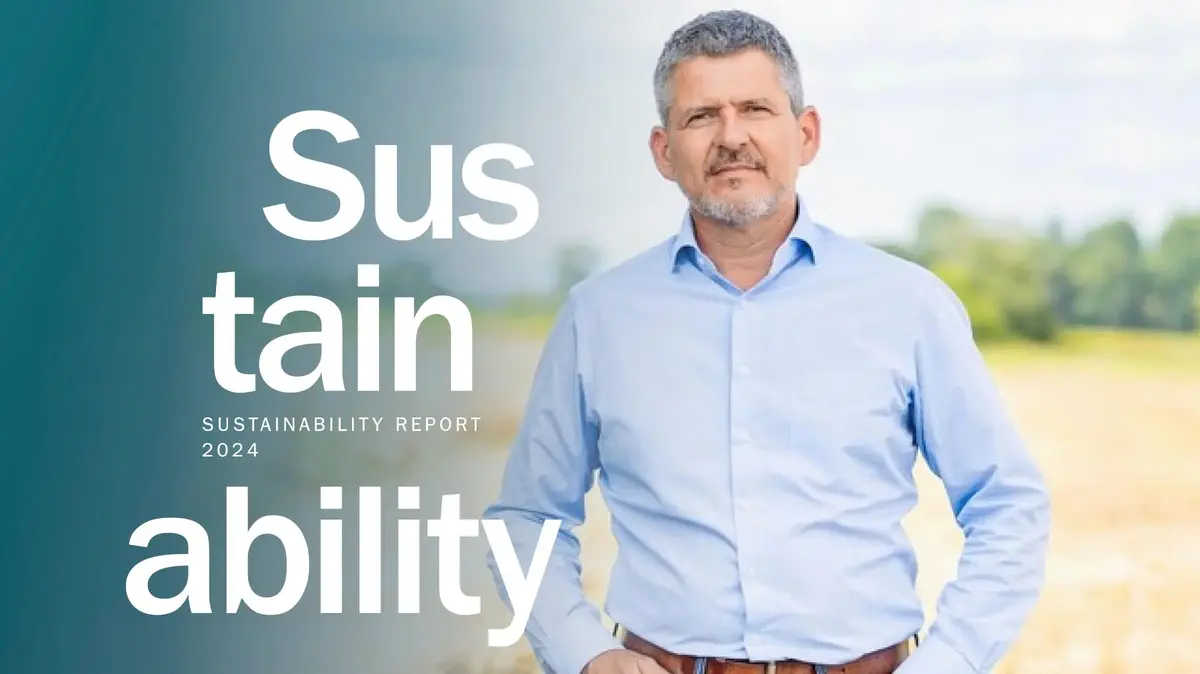 Cover image of the Sutter Sustainability Report 2024. In the foreground, a person wearing a light blue shirt and jeans stands in front of a natural landscape. On the left, large white text reads ‘Sustainability’ and ‘Precision, Sustainability and Culture,’ alongside the Sutter logo with the tagline ‘Precision Electrosurgery.’