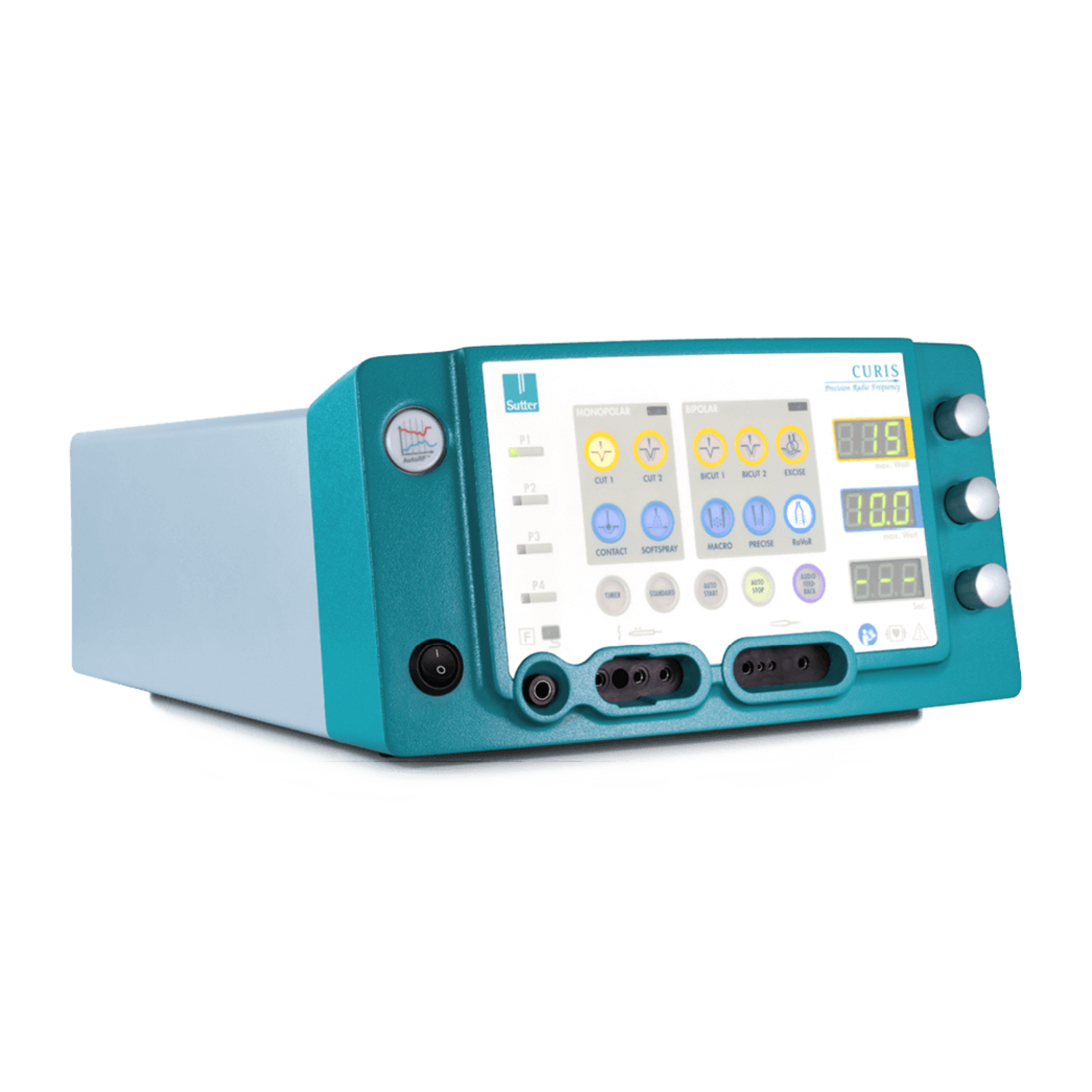 Der CURIS® 4 MHz Radiofrequenz-Generator von Sutter in schräger Frontansicht – vielseitig einsetzbar für präzise chirurgische Anwendungen in HNO, Neuro- und Dermatochirurgie.