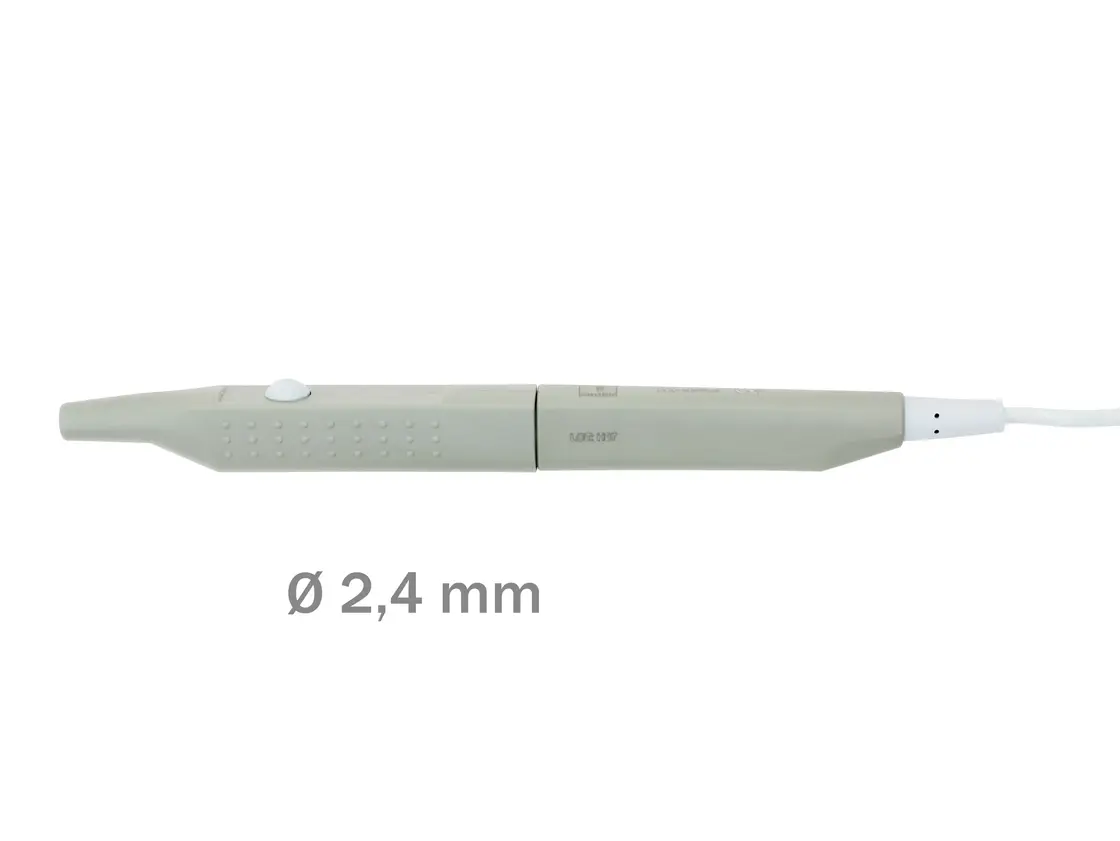 Grauer monopolarer Handgriff mit Schalter für 2,4 mm Elektroden, seitlich liegend vor weißem Hintergrund.