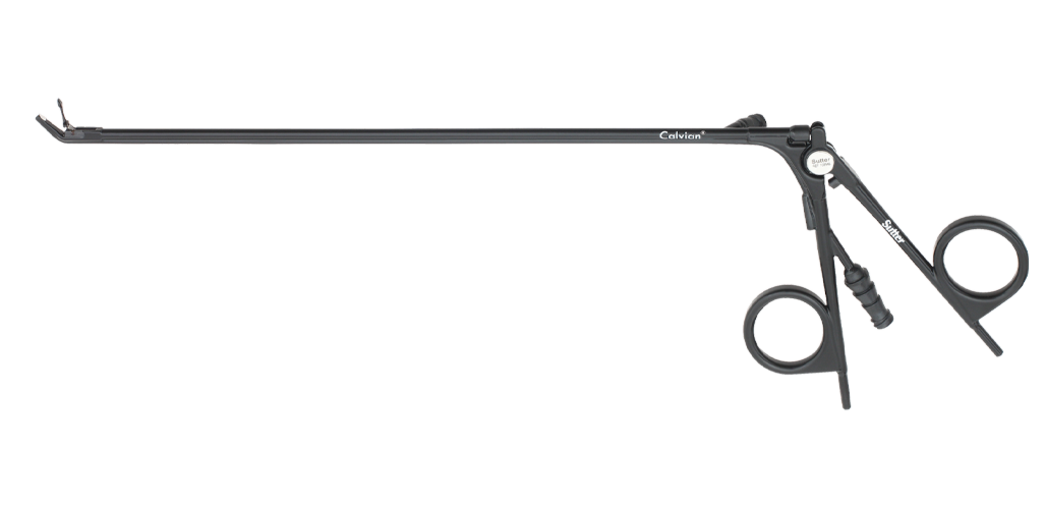 Calvian® Bipolare Zangen - Metallische bipolare Zange in Scherenform mit geradem Schaft vor weißem Hintergrund.