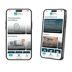 Two smartphones displaying the Sutter app with product overview, news section, and product search.