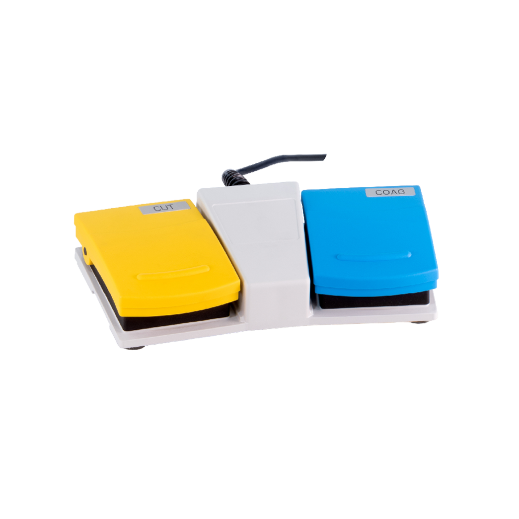 Zweiteiliger Fußschalter in Gelb und Blau zur komfortablen Steuerung des CURIS® Radiofrequenzgenerators im OP.