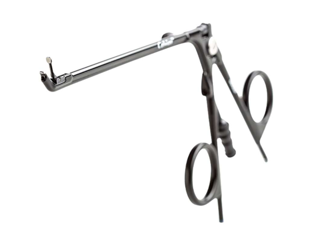 Calvian® bipolar forceps – metallic bipolar forceps in scissor shape with straight shaft against a white background.