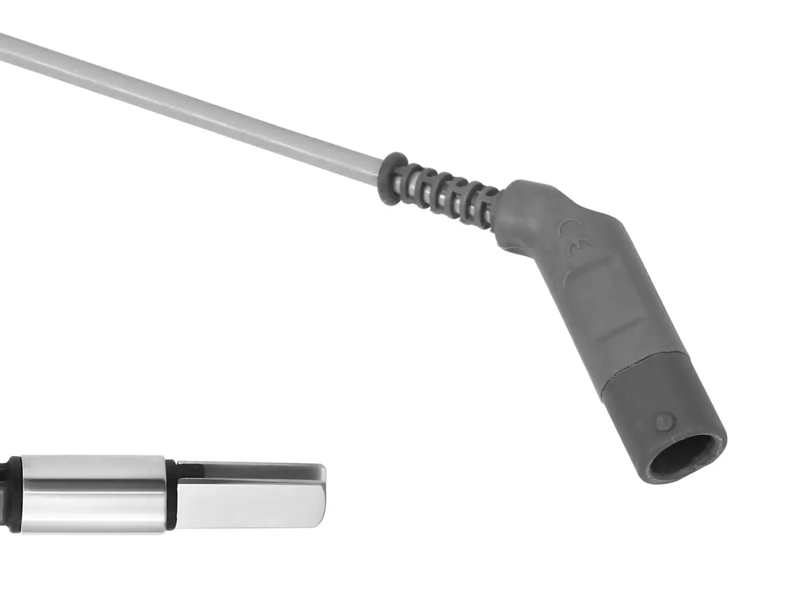 Bipolares Anschlusskabel und Steckeransicht für die Verbindung von Instrumenten mit Elektrochirurgiegeräten.