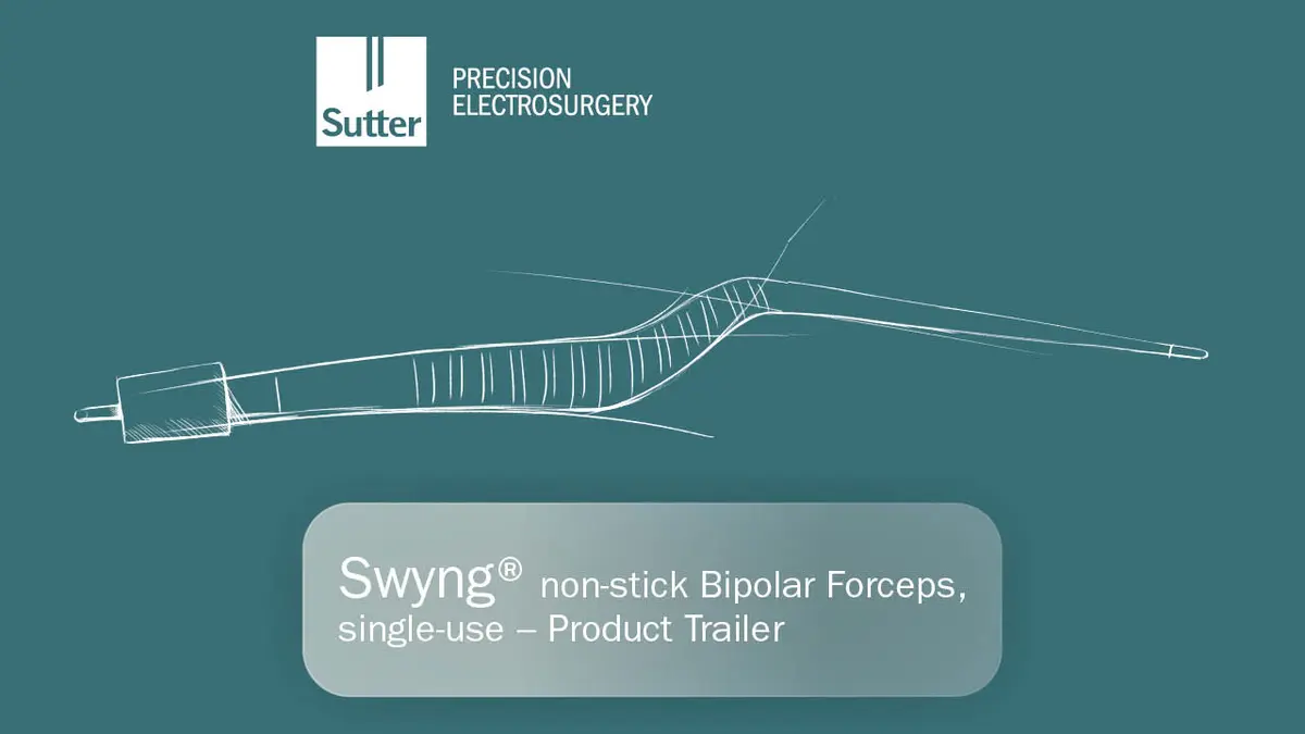 Illustration der Swyng® non-stick Bipolare Pinzetten, single-use von Sutter Medizintechnik, Produkttrailer-Abbildung auf petrolfarbenem Hintergrund.