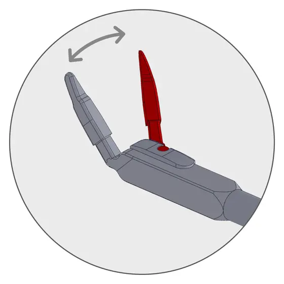 Grafische Darstellung einer grauen Calvian endo-pen bipolaren Klemme mit rotem Greifelement und Bewegungsanzeige.