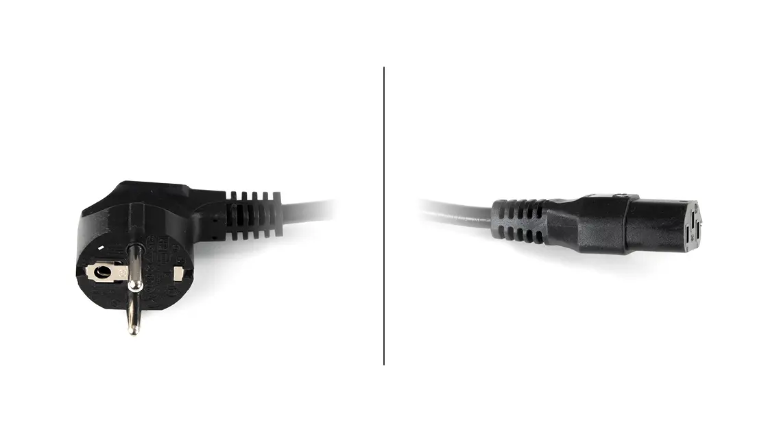 Schwarzes Netzkabel mit Eurostecker und passender Buchse für den Anschluss von medizinischen Geräten.