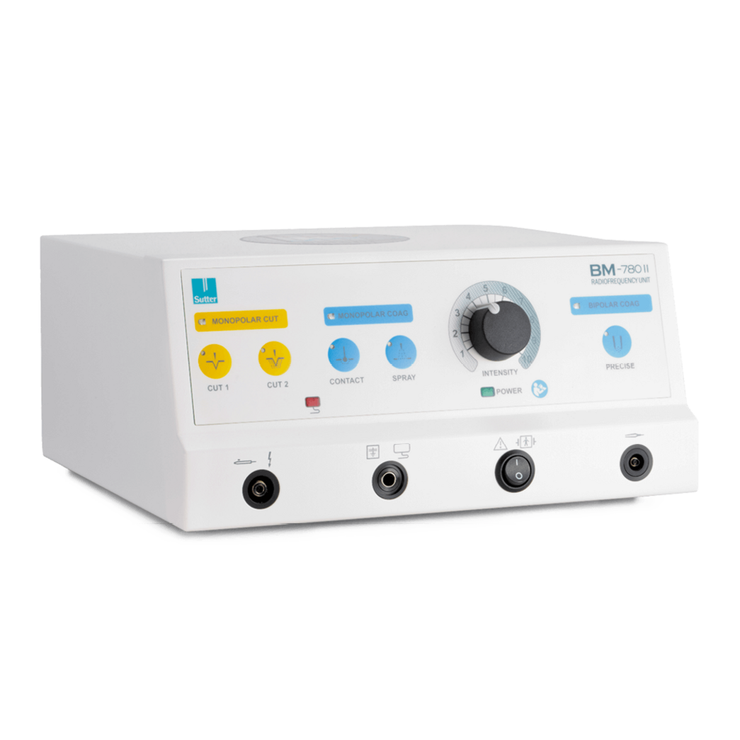 BM-780 II Radiofrequenz-Generator von Sutter Medizintechnik mit Drehregler und Anschlussmöglichkeiten für bipolare und monopolare Instrumente.