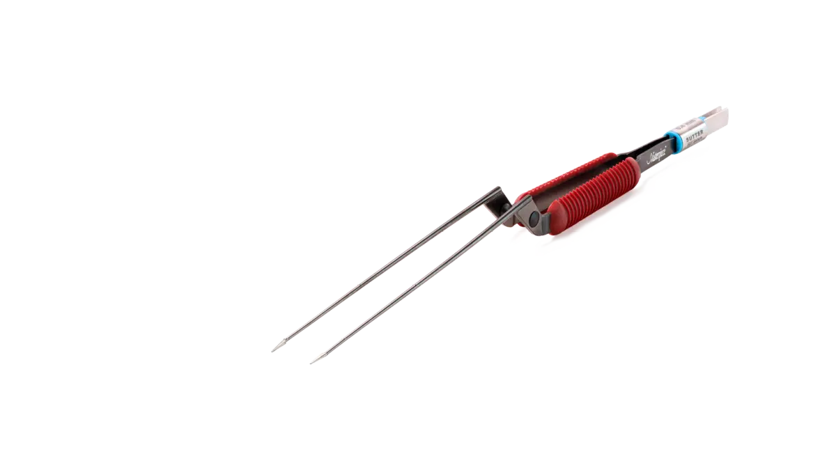 Masterpiece™ non-stick bipolare Pinzette mit rotem Griffbereich und gerader Spitze vor weißem Hintergrund.