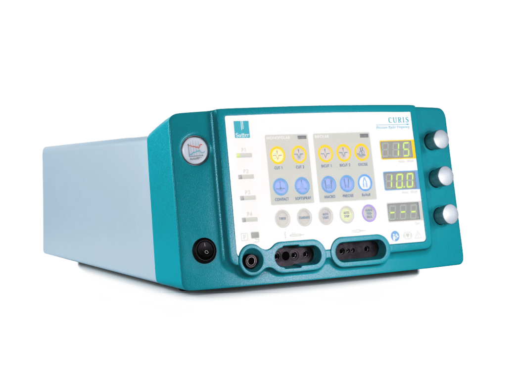 Left side view of the CURIS® 4 MHz radiofrequency generator with clearly visible control panel, rotary knobs, display, and connectors for various surgical instruments.