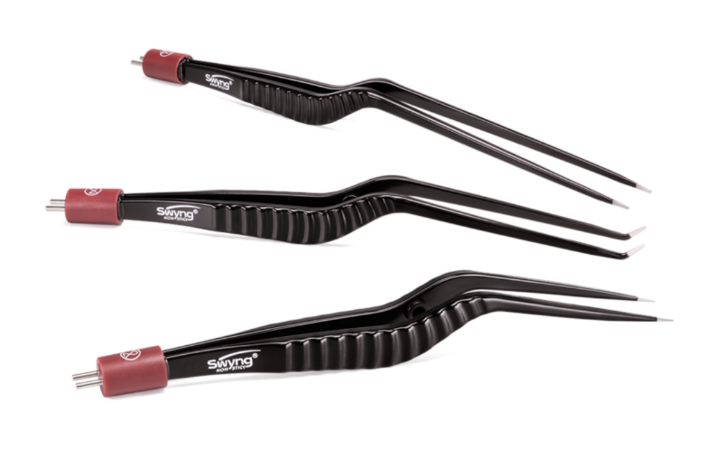 Set of three Swyng® non-stick bipolar forceps in black with red connector, curved tips, and ergonomic handle on a white background.