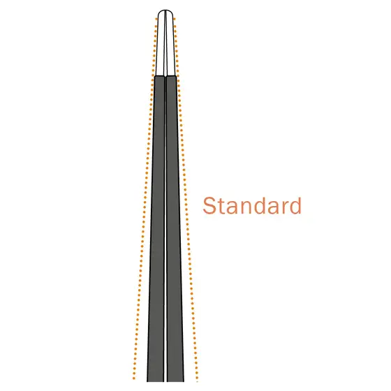 Darstellung einer Swyng® Pinzettenspitze in Standardform, schwarz mit feiner Spitze, Beschriftung „Standard“ rechts im Bild.