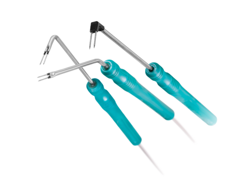 Three bipolar electrodes with blue handle and different tip shapes on white background