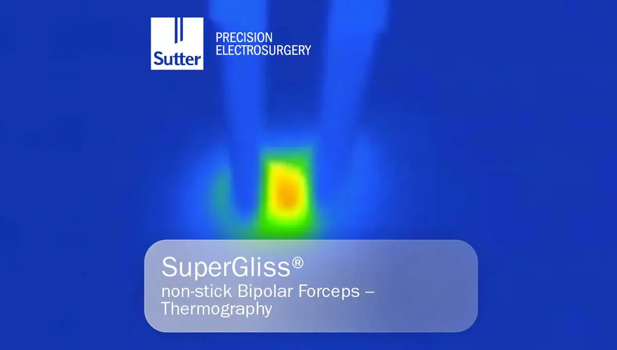 Thermografieaufnahme der SuperGliss® non-stick bipolaren Pinzette von Sutter Medizintechnik, mit Temperaturverlauf in Blau, Grün und Rot.