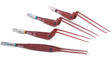 Vier braune SuperGliss® non-stick bipolare Pinzetten mit abgewinkelter Spitze in unterschiedlichen Längen vor weißem Hintergrund.