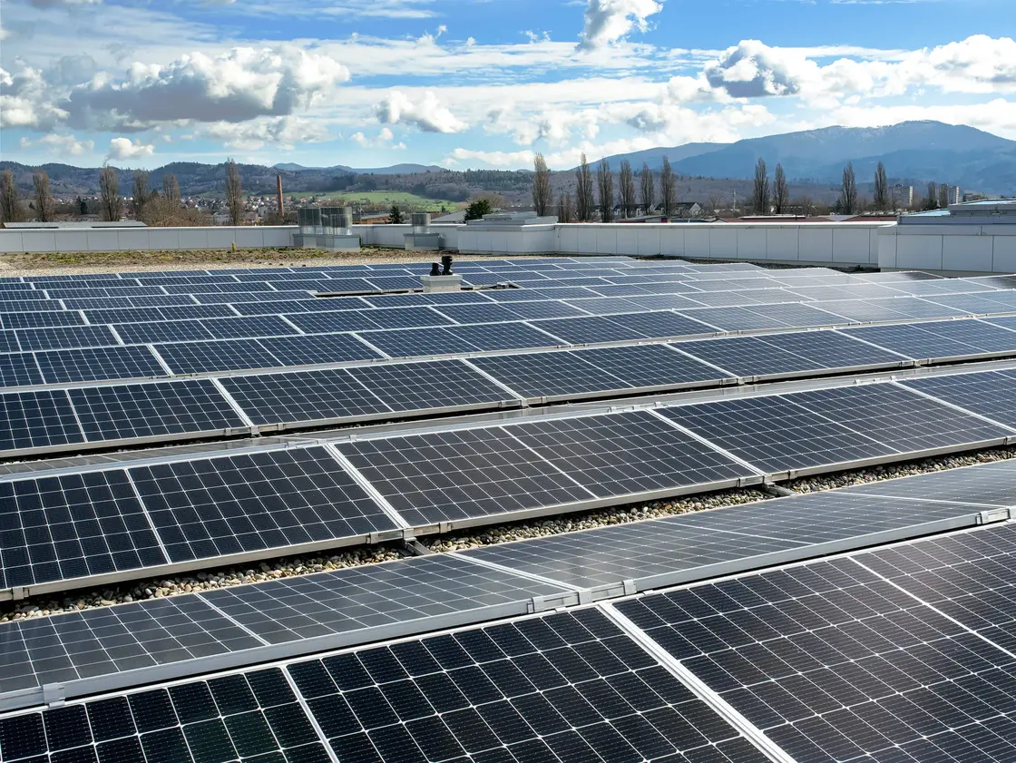 Blick auf eine großflächige Photovoltaikanlage auf dem Flachdach von Sutter Medizintechnik in Emmendingen mit sonnigem Himmel und Schwarzwaldpanorama im Hintergrund.
