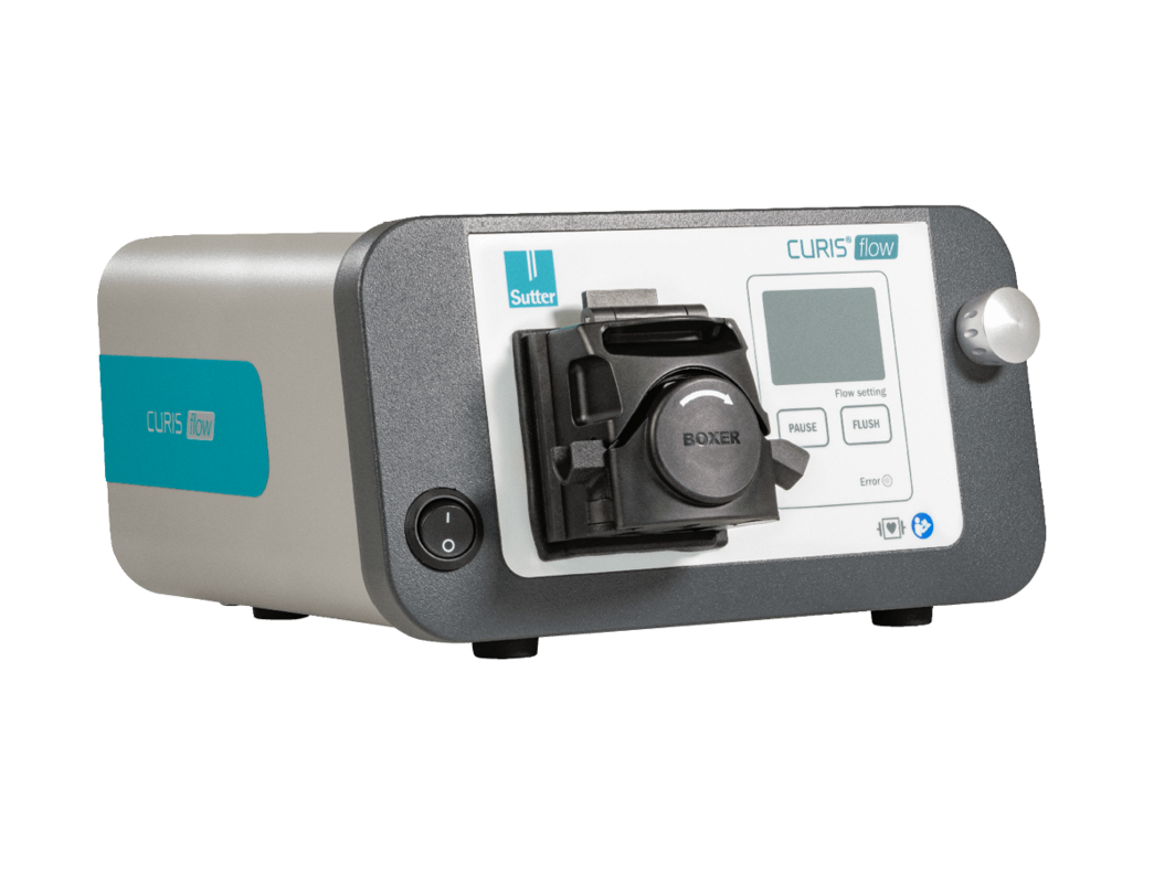 Side view of the CURIS® flow irrigation pump showing the front control elements, tube holder, and housing with Sutter logo.