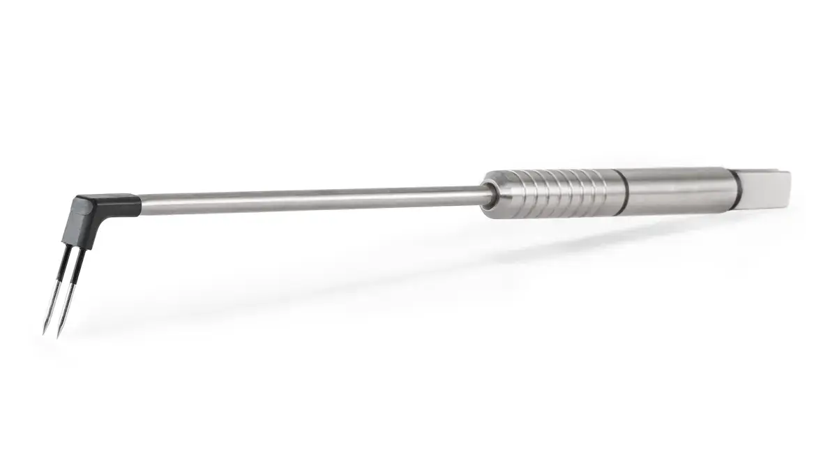 RaVoR™ Bipolare Elektrode aus Metall für den Zungengrund mit langem, geradem Handgriff auf weißem Hintergrund