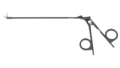 Kurze bipolare Klemme aus Metall in gerader Scherenform vor weißem Hintergrund.
