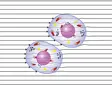 Microscopic view of two cells with visible nuclei, mitochondria, and other organelles – set against a background of horizontal lines