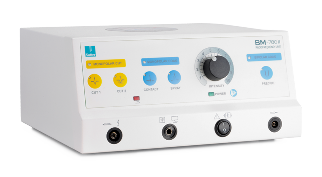 Perspective view of the BM-780 II radiofrequency generator with rotary knob, function buttons, and multiple connection options for surgical instruments.
