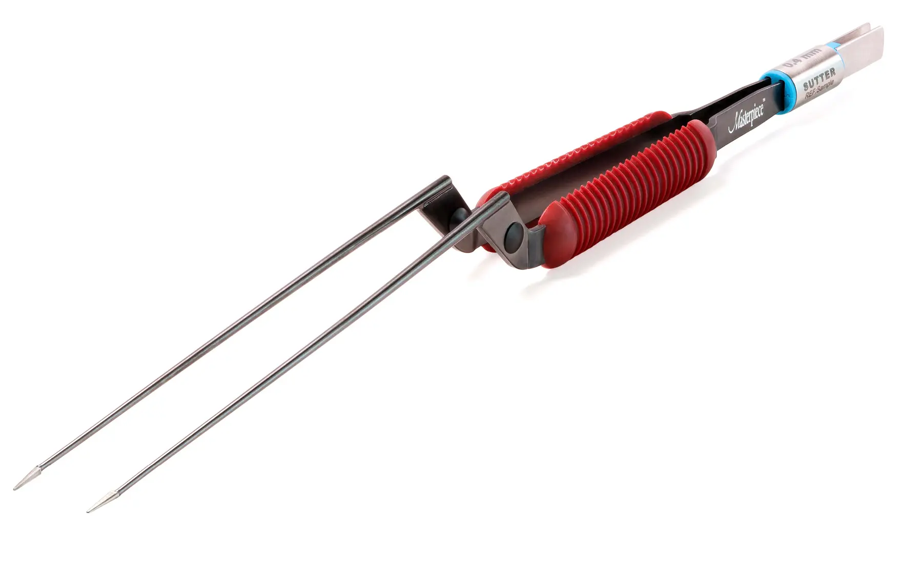 Masterpiece™ non-stick bipolare Pinzette mit rotem Griffbereich und langer Spitze vor weißem Hintergrund.