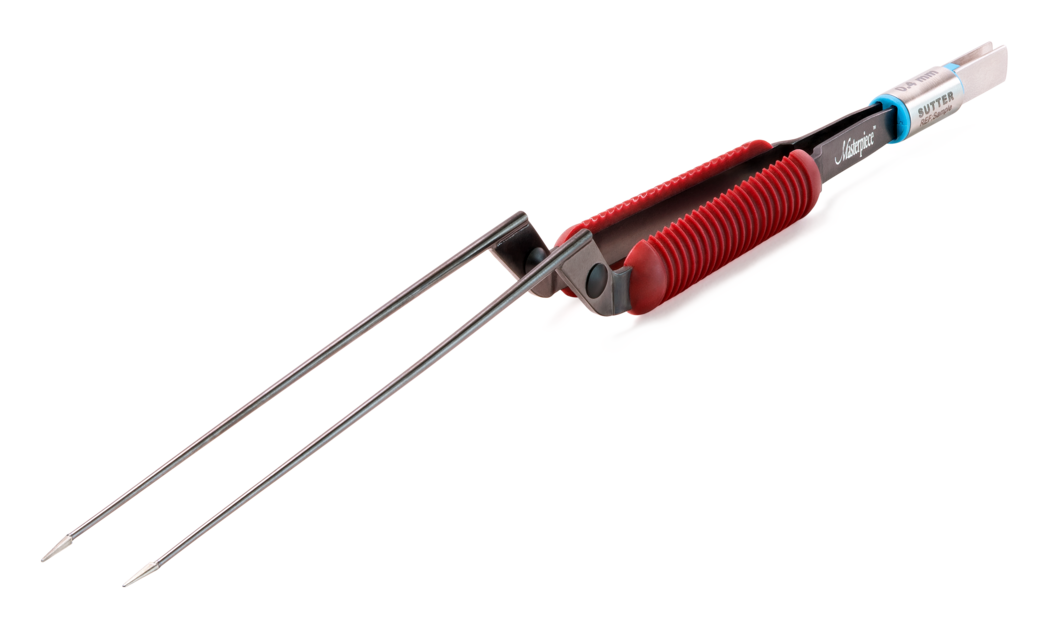 Masterpiece™ non-stick bipolare Pinzette mit rotem Griffbereich und gerader Spitze vor weißem Hintergrund.