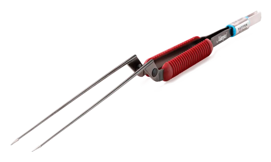 Masterpiece™ non-stick bipolare Pinzette mit rotem Griffbereich und gerader Spitze vor weißem Hintergrund.
