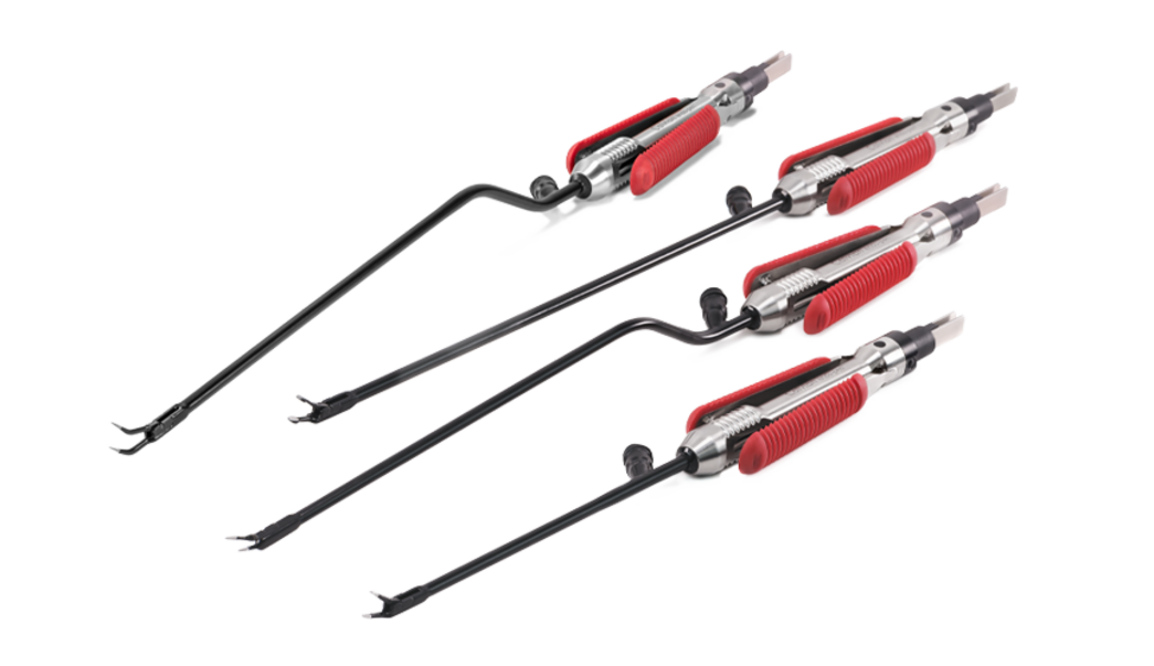 Four Calvian endo-pen® bipolar forceps with black shafts and red handle areas on a white background.