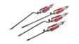 Vier Calvian endo-pen bipolare Klemmen mit schwarzem Schaft und rotem Griffbereich auf weißem Hintergrund.