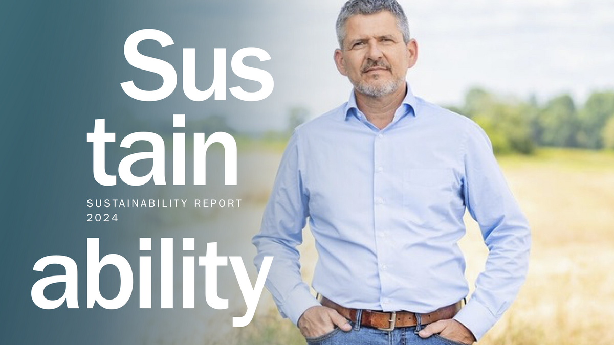 Cover image of the Sutter Sustainability Report 2024. In the foreground, a person wearing a light blue shirt and jeans stands in front of a natural landscape. On the left, large white text reads ‘Sustainability’ and ‘Precision, Sustainability and Culture,’ alongside the Sutter logo with the tagline ‘Precision Electrosurgery.’