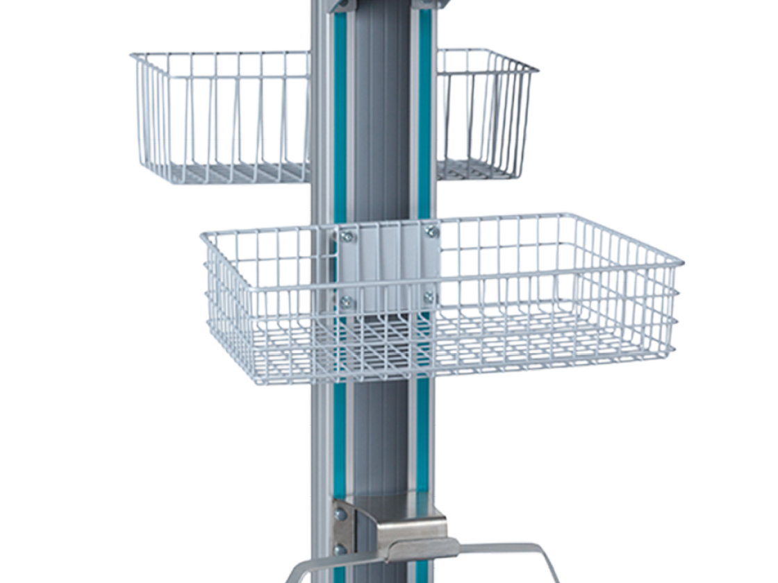 Standwagen mit zwei Metallkorbablagen zur praktischen Aufbewahrung und schnellen Zugriffsmöglichkeit auf medizinisches Zubehör im Operationssaal.